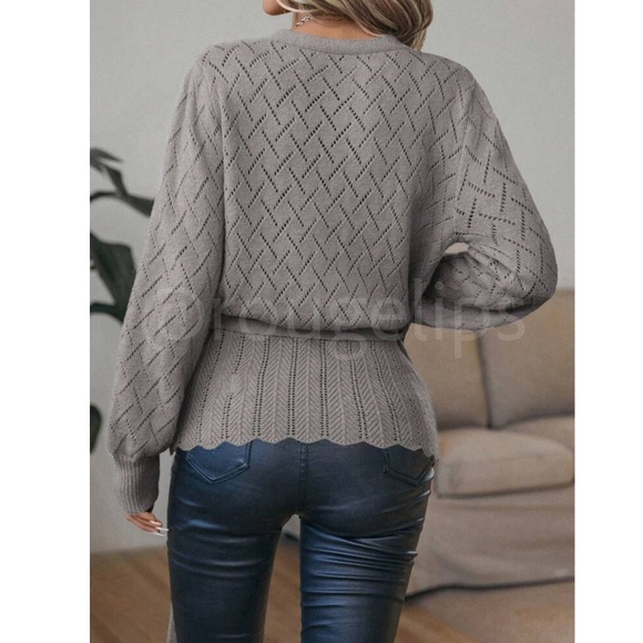 Gray Wrap Cardigan Long Lantern Sleeve Ties - Picture 4 of 8